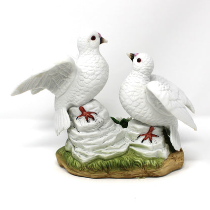 Figurine, Two White Doves on Rocks, Hand-Painted Bisque Porcelain, Taiwan, Vintage