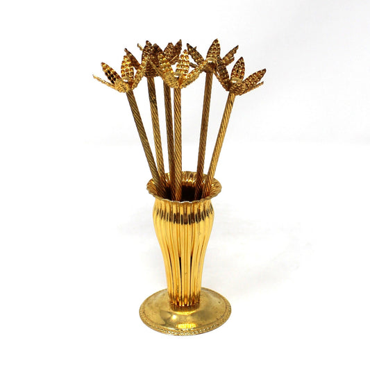 Cocktail Picks / Hors Oeuvres Skewers, Floral Tops with Matching Holder, Gold-Color Metal, France, Vintage 1960s