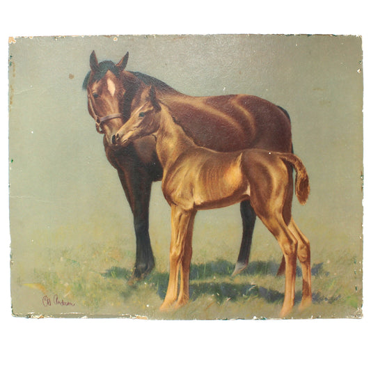 A vintage oil painting of a brown horse and foal standing in a grassy field, displayed on a white background inside a lightbox.