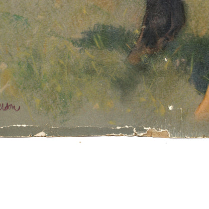 Print, Horse Mare & Foal Pastoral Scene, The Secret by C.W. Anderson, Textured Litho Board, Signed, Vintage 1951