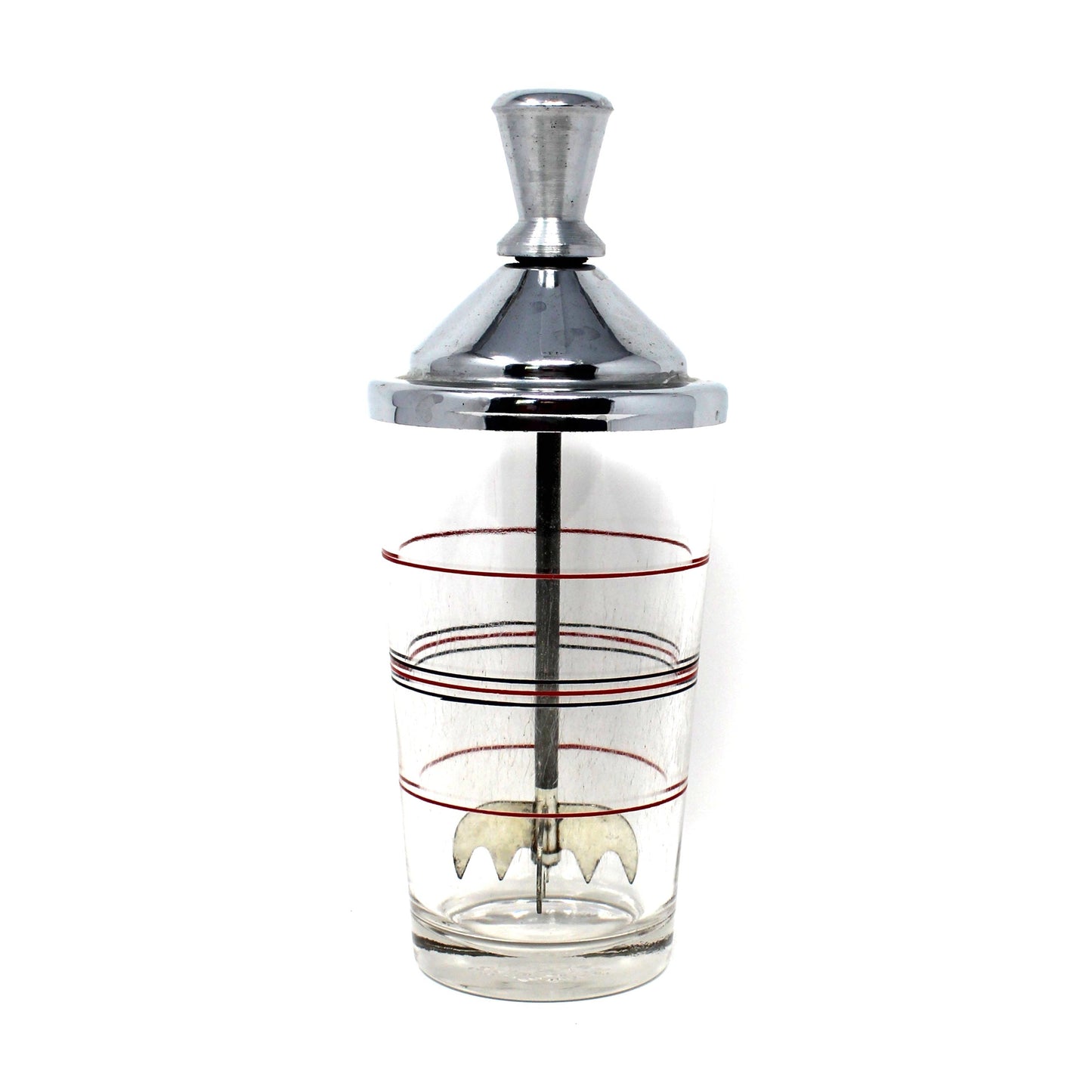 A vintage cocktail mixer / ice crusher.   A polished chrome metal top a clear glass body with red and black decorative rings. Lightning Ice Crusher by North Bros Mfg.