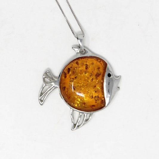 amber stone  with inclusions fish pendant on silver chain
