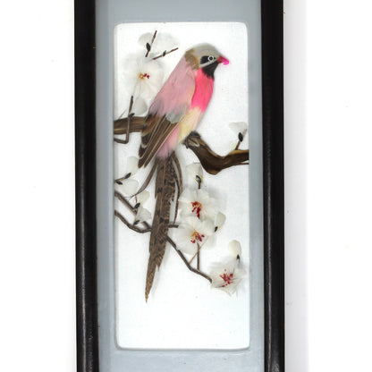 Diorama, Bird Feather Art, Japanese Shadow Box, Finches & Long-Tailed Tit, Set of 2, Vintage 1950s–1960s