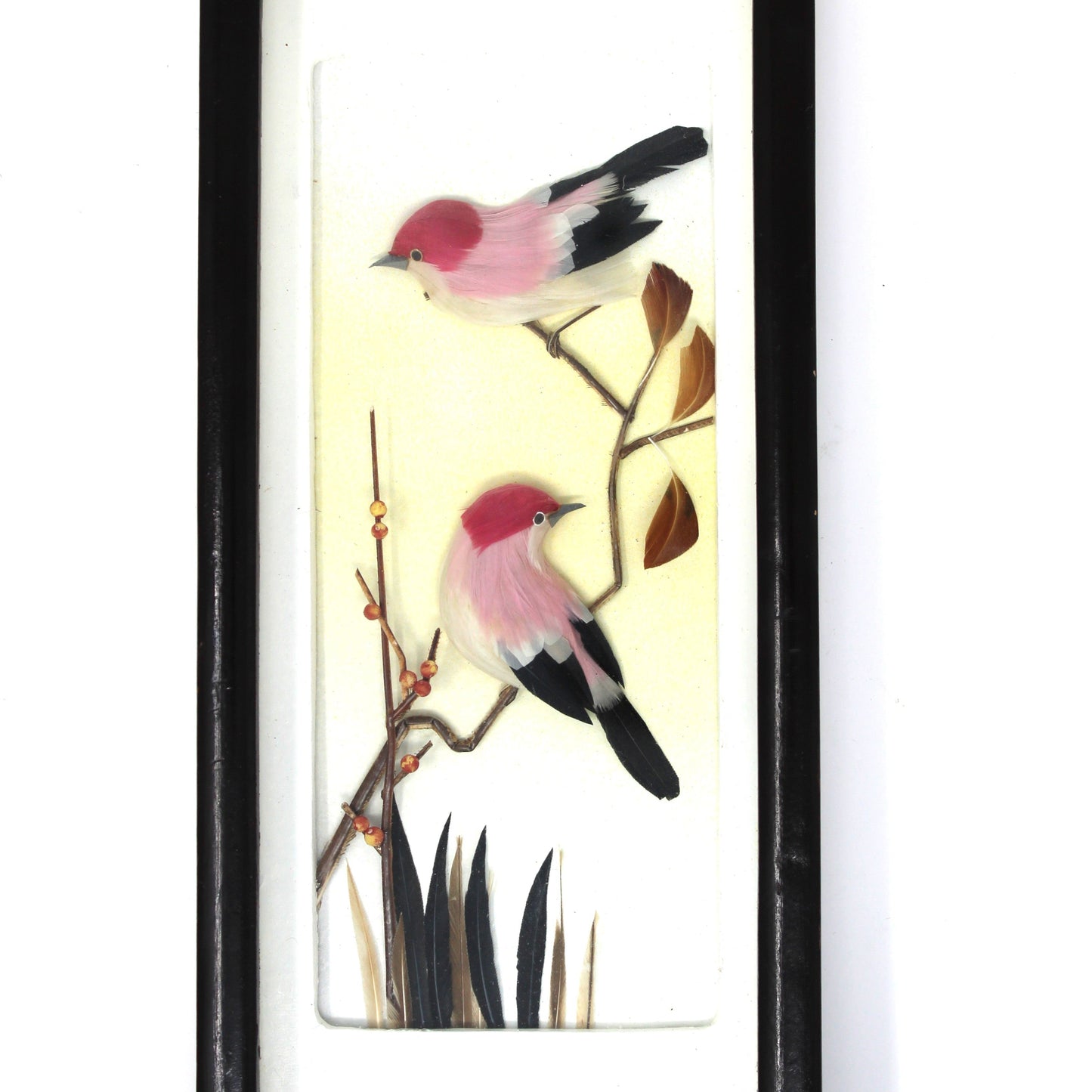 Diorama, Bird Feather Art, Japanese Shadow Box, Finches & Long-Tailed Tit, Set of 2, Vintage 1950s–1960s