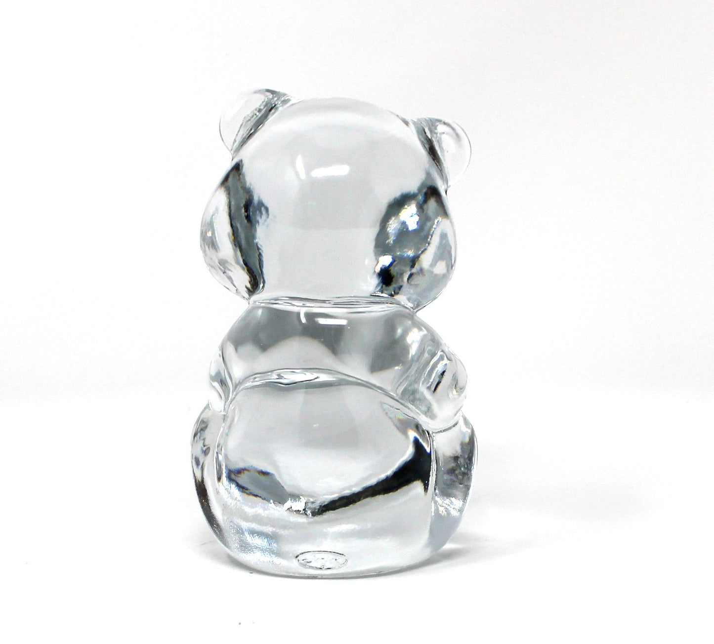 back view of Fenton's vintage clear glass figurine /  paperweight, shaped like a bear