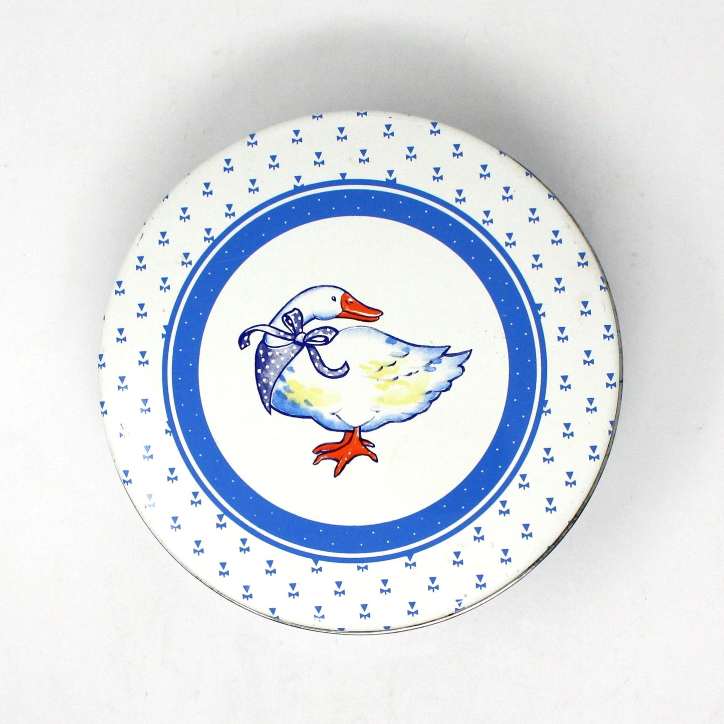 Gift Tin / Cookie Tin, Blue Goose Tin, Goose Tin with Yellow Chicks, Blue & White, Vintage