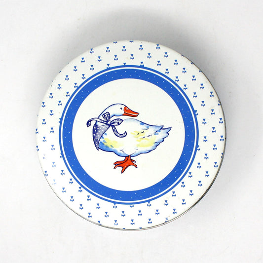 Gift Tin / Cookie Tin, Blue Goose Tin, Goose Tin with Yellow Chicks, Blue & White, Vintage