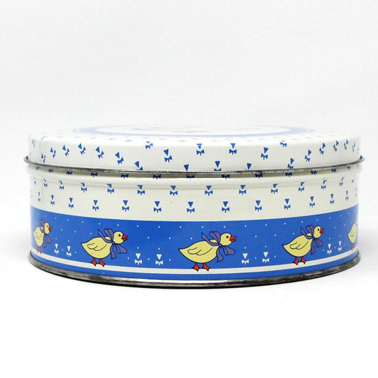 Gift Tin / Cookie Tin, Blue Goose Tin, Goose Tin with Yellow Chicks, Blue & White, Vintage