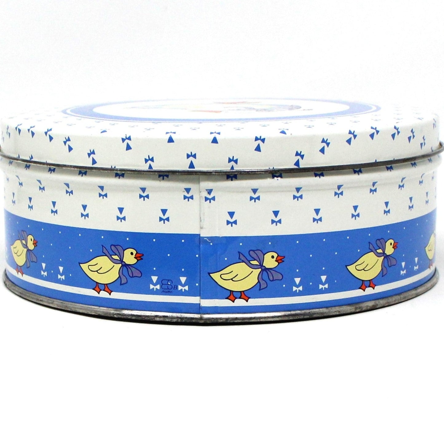 Gift Tin / Cookie Tin, Blue Goose Tin, Goose Tin with Yellow Chicks, Blue & White, Vintage
