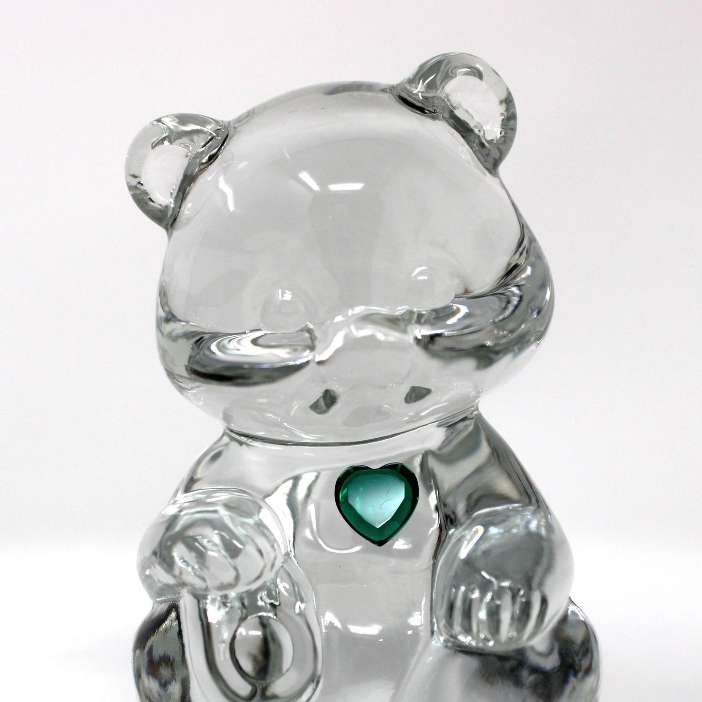 Figurine, Art Glass, Fenton Birthday Bear, May Birthstone Green Heart, Blown Crystal Paperweight, Vintage 1990s