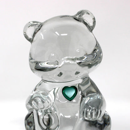 Figurine, Art Glass, Fenton Birthday Bear, May Birthstone Green Heart, Blown Crystal Paperweight, Vintage 1990s