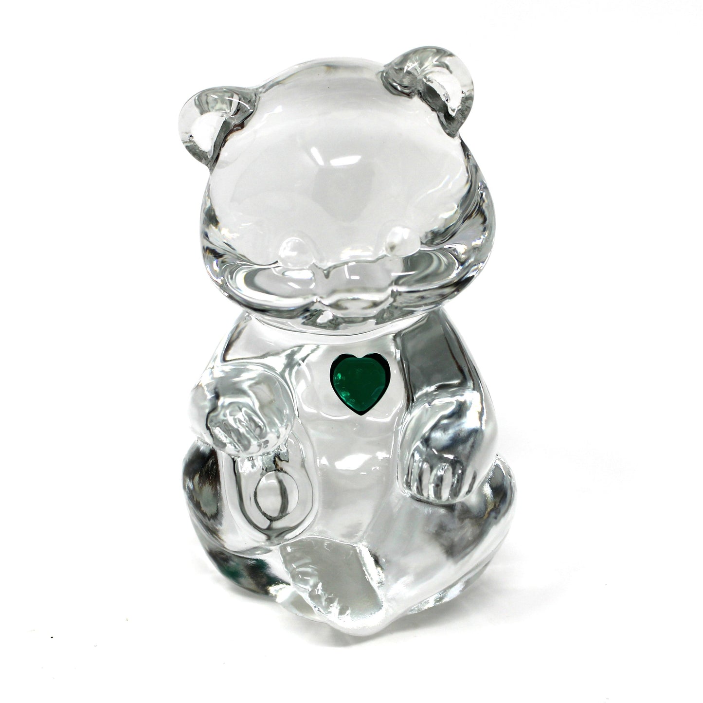 Figurine, Art Glass, Fenton Birthday Bear, May Birthstone Green Heart, Blown Crystal Paperweight, Vintage 1990s