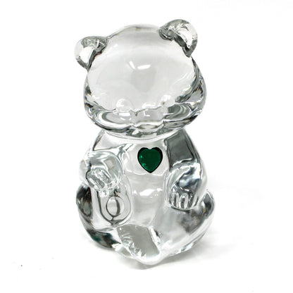 Figurine, Art Glass, Fenton Birthday Bear, May Birthstone Green Heart, Blown Crystal Paperweight, Vintage 1990s