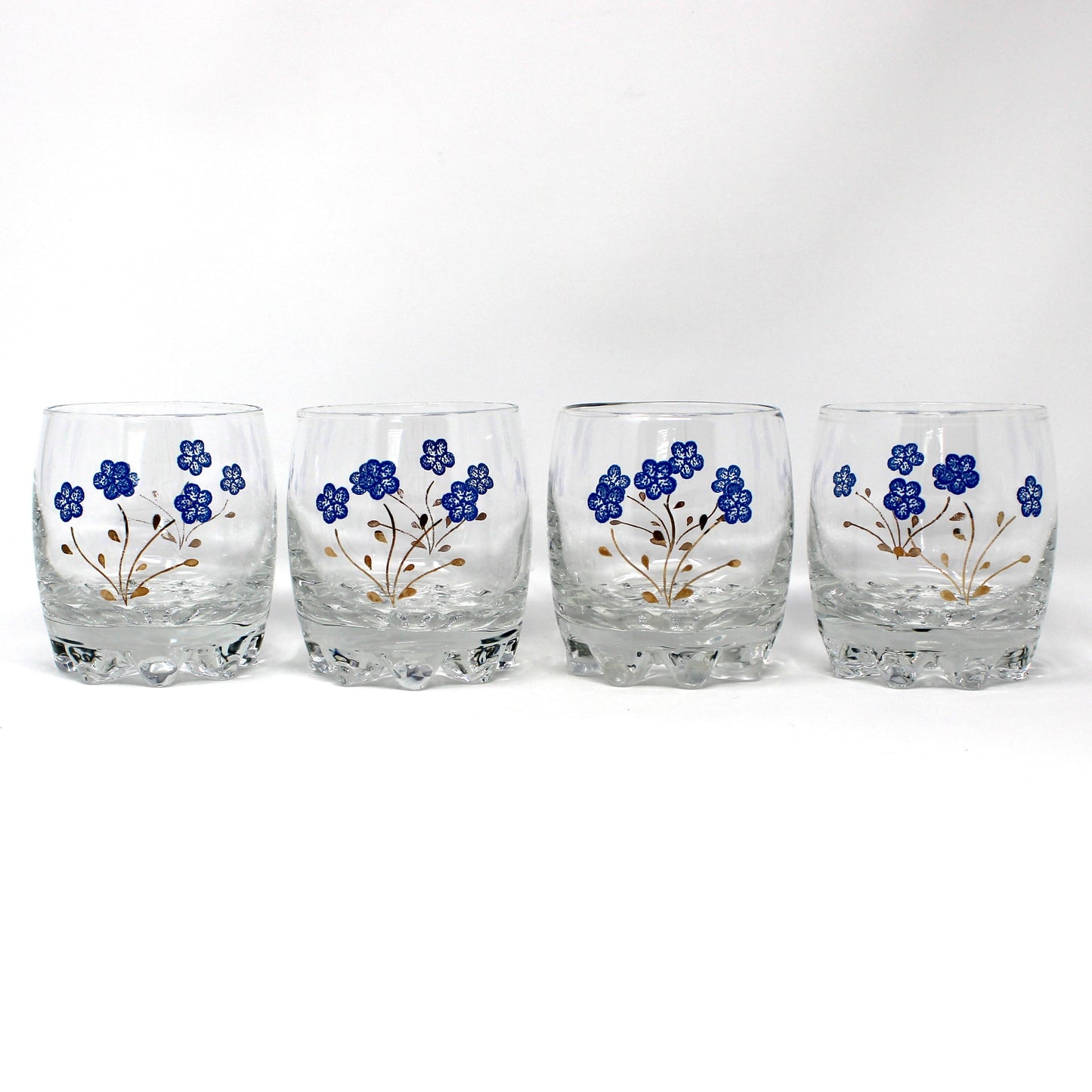 Cocktail Glasses, Blue Enamel and Gold Florals, 8 Multi-Peg Feet, Set of 4, Mid Century Italy, Vintage 1960s
