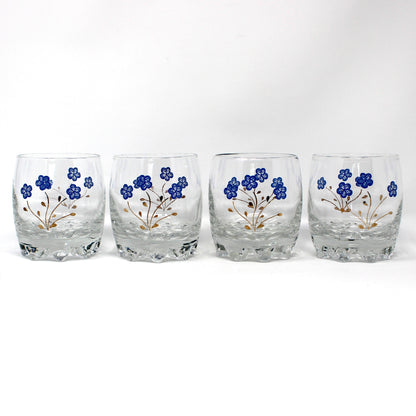 Cocktail Glasses, Blue Enamel and Gold Florals, 8 Multi-Peg Feet, Set of 4, Mid Century Italy, Vintage 1960s