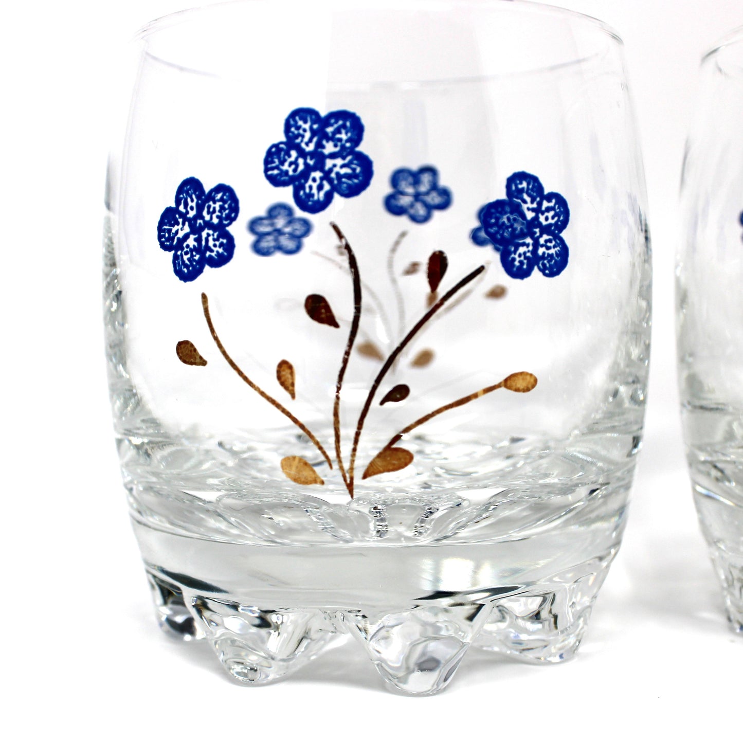 Cocktail Glasses, Blue Enamel and Gold Florals, 8 Multi-Peg Feet, Set of 4, Mid Century Italy, Vintage 1960s