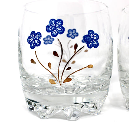 Cocktail Glasses, Blue Enamel and Gold Florals, 8 Multi-Peg Feet, Set of 4, Mid Century Italy, Vintage 1960s