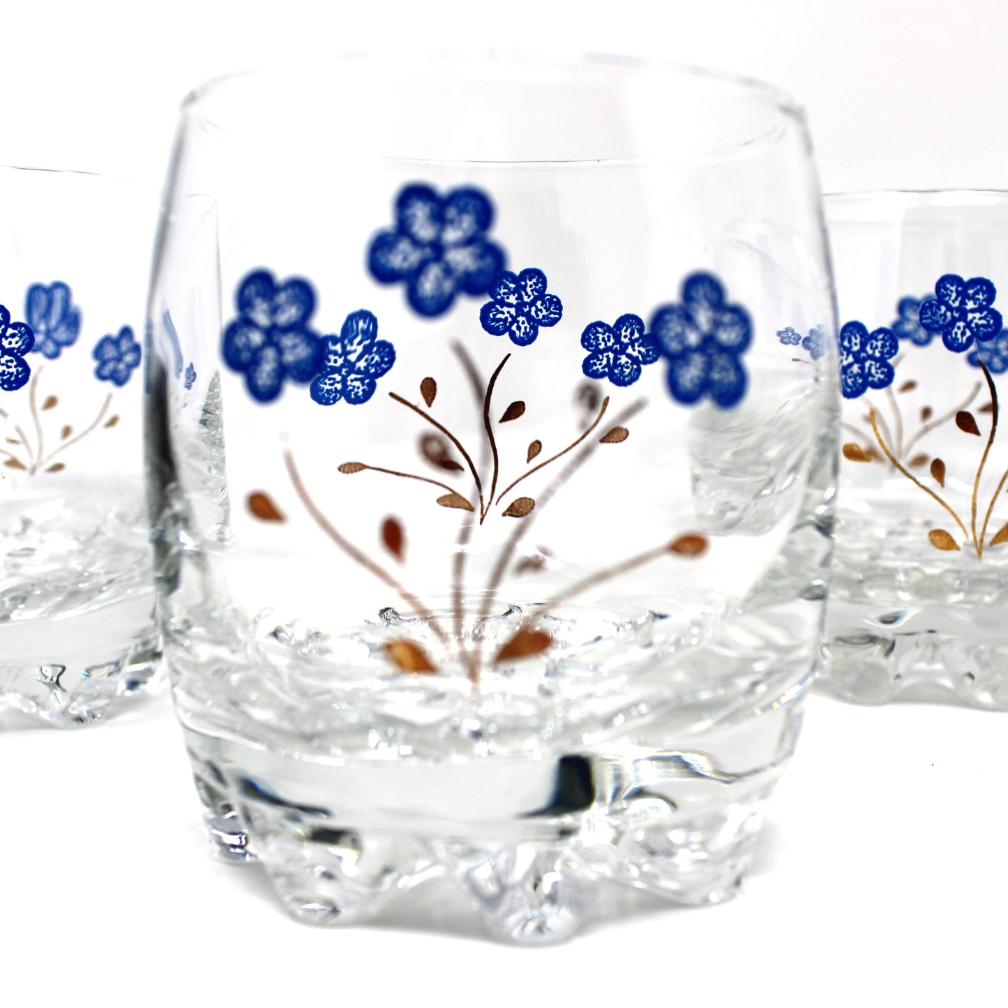 Cocktail Glasses, Blue Enamel and Gold Florals, 8 Multi-Peg Feet, Set of 4, Mid Century Italy, Vintage 1960s