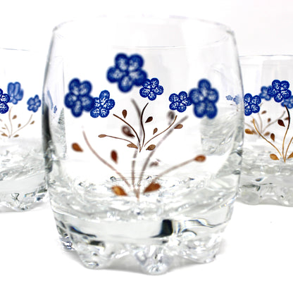 Cocktail Glasses, Blue Enamel and Gold Florals, 8 Multi-Peg Feet, Set of 4, Mid Century Italy, Vintage 1960s