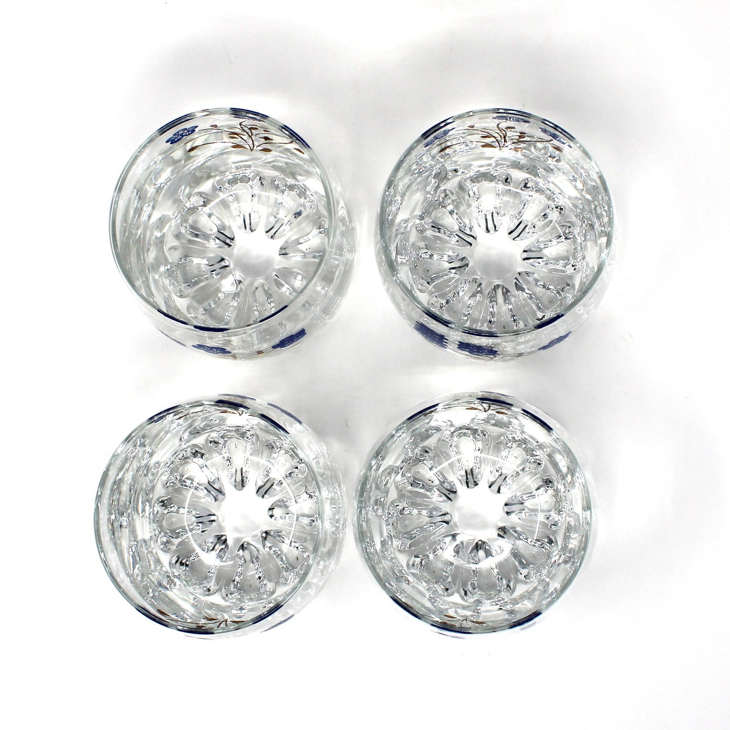 Cocktail Glasses, Blue Enamel and Gold Florals, 8 Multi-Peg Feet, Set of 4, Mid Century Italy, Vintage 1960s