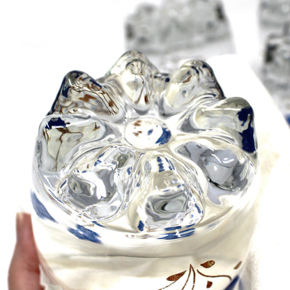 Cocktail Glasses, Blue Enamel and Gold Florals, 8 Multi-Peg Feet, Set of 4, Mid Century Italy, Vintage 1960s