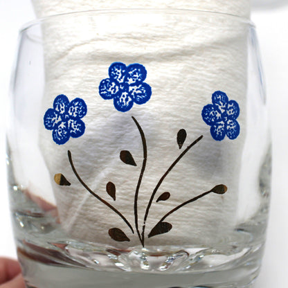 Cocktail Glasses, Blue Enamel and Gold Florals, 8 Multi-Peg Feet, Set of 4, Mid Century Italy, Vintage 1960s