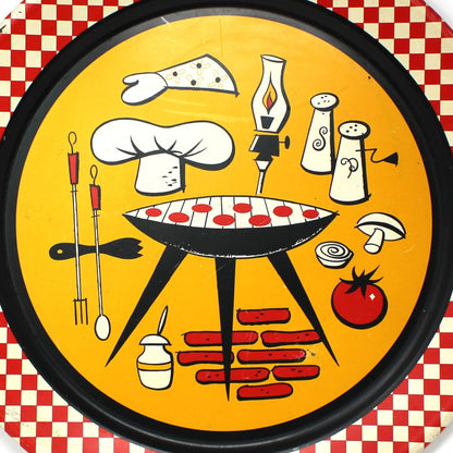 Tray, Stoyke, Mid Century BBQ Grill Design, Red Checkered Border, Lithographed Metal, 19" Round, Vintage, USA, AAW, 1950s