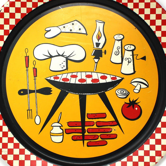 Tray, Stoyke, Mid Century BBQ Grill Design, Red Checkered Border, Lithographed Metal, 19" Round, Vintage, USA, AAW, 1950s