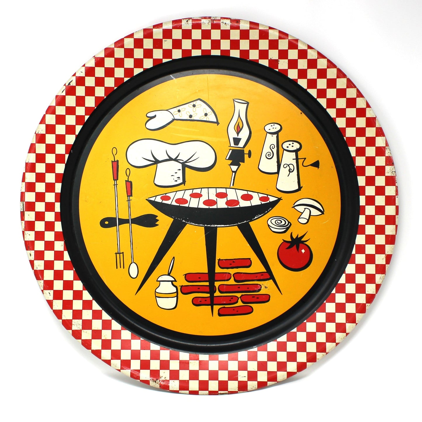 Tray, Stoyke, Mid Century BBQ Grill Design, Red Checkered Border, Lithographed Metal, 19" Round, Vintage, USA, AAW, 1950s