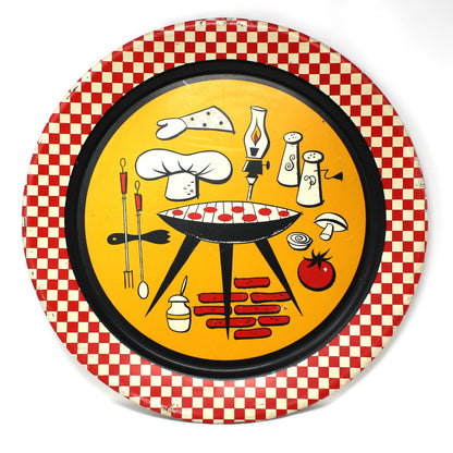 Tray, Stoyke, Mid Century BBQ Grill Design, Red Checkered Border, Lithographed Metal, 19" Round, Vintage, USA, AAW, 1950s