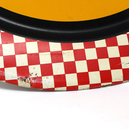 Tray, Stoyke, Mid Century BBQ Grill Design, Red Checkered Border, Lithographed Metal, 19" Round, Vintage, USA, AAW, 1950s