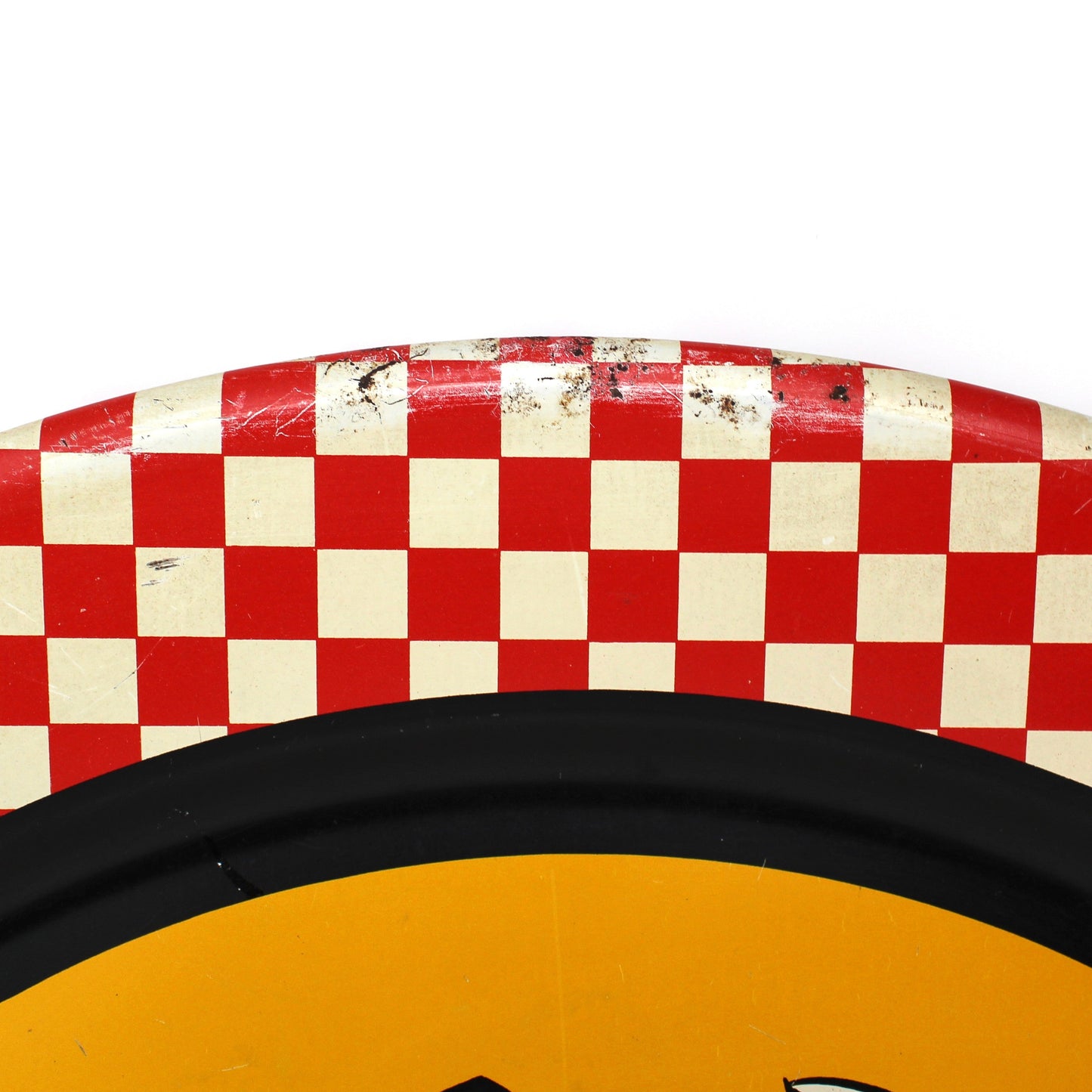 Tray, Stoyke, Mid Century BBQ Grill Design, Red Checkered Border, Lithographed Metal, 19" Round, Vintage, USA, AAW, 1950s