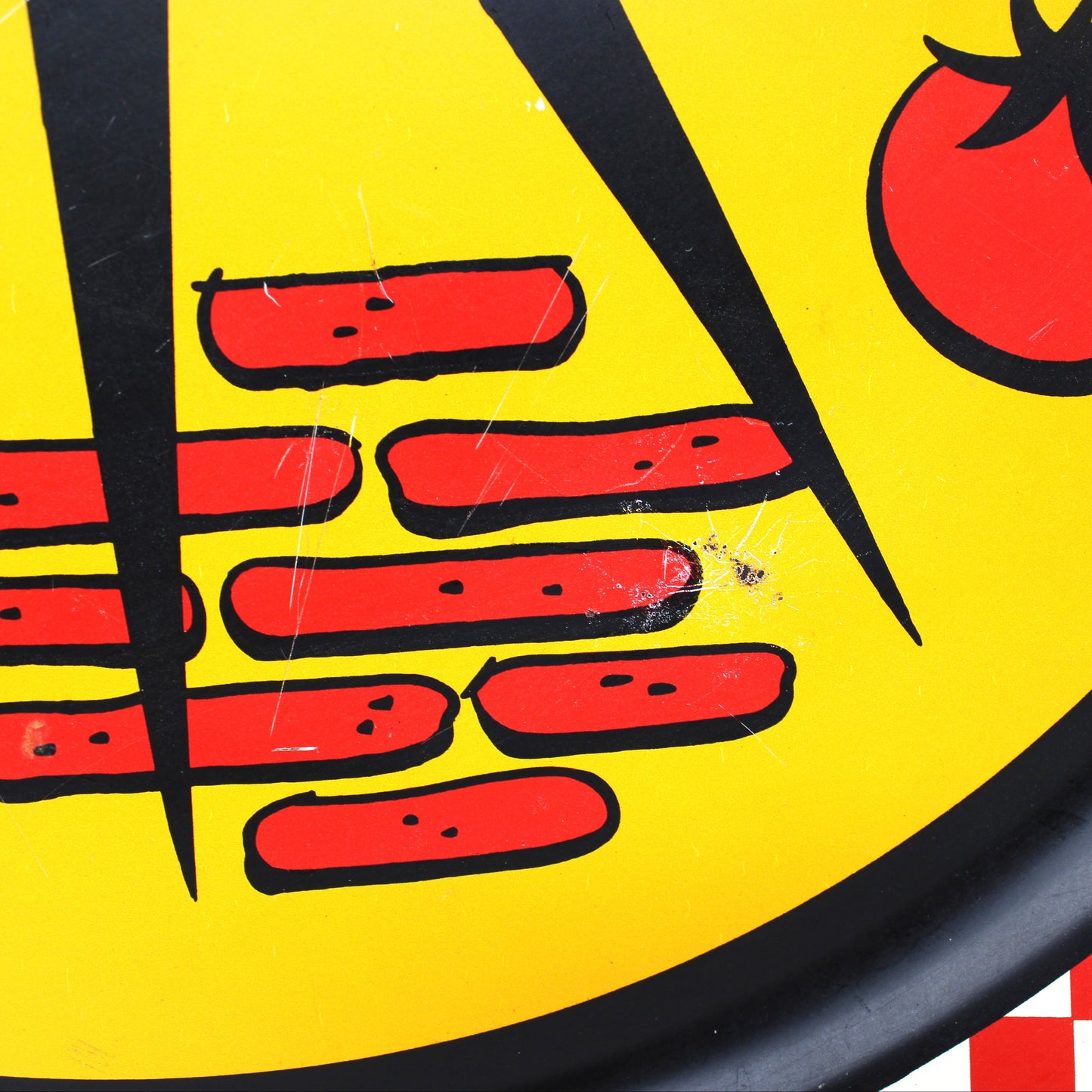 Tray, Stoyke, Mid Century BBQ Grill Design, Red Checkered Border, Lithographed Metal, 19" Round, Vintage, USA, AAW, 1950s