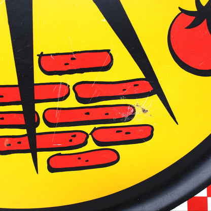 Tray, Stoyke, Mid Century BBQ Grill Design, Red Checkered Border, Lithographed Metal, 19" Round, Vintage, USA, AAW, 1950s