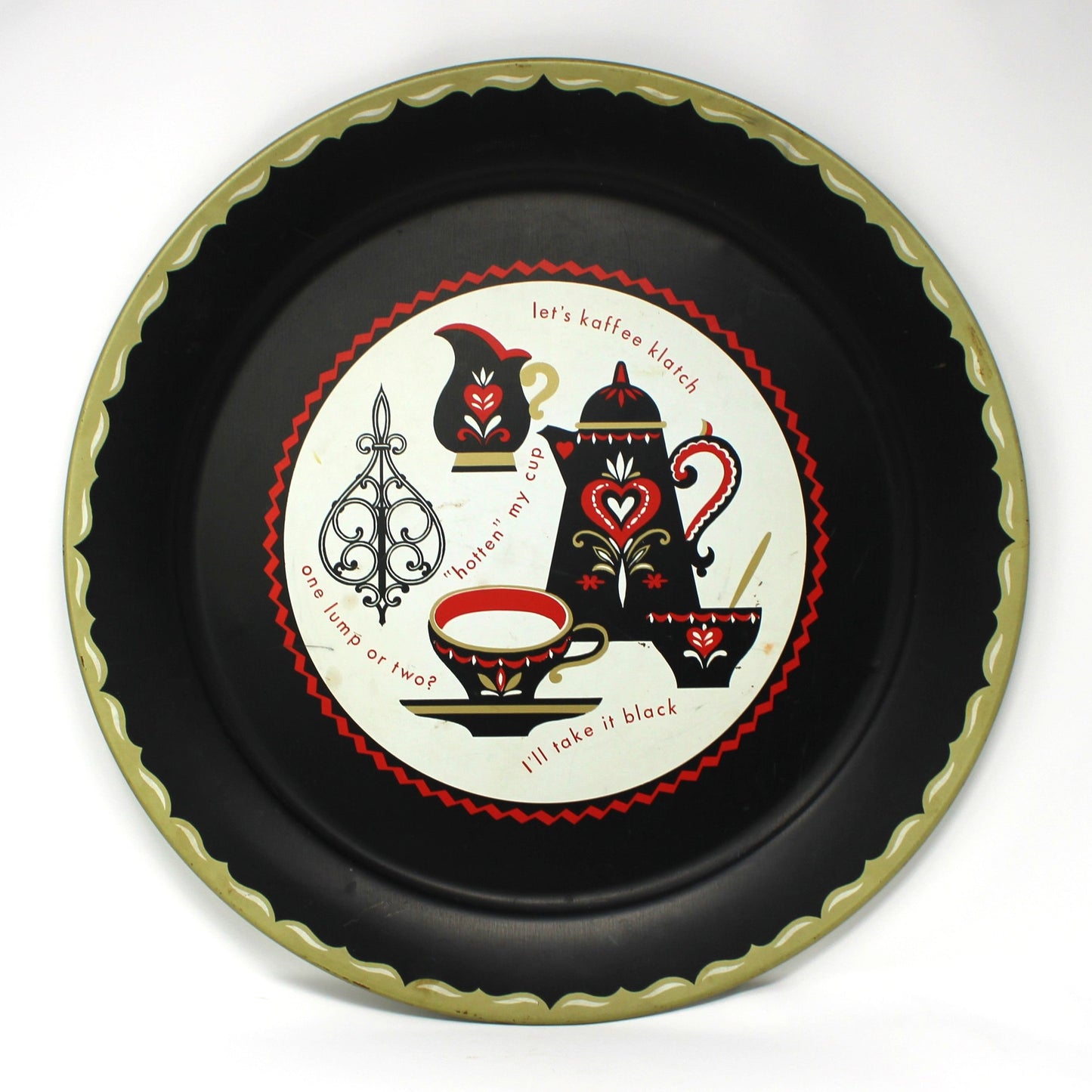 A vintage mid century decorative round tray from American Art Works, known as "Let's Kaffee Klatsch", Lithographed Metal, 19" Round with coffee drinking related designs