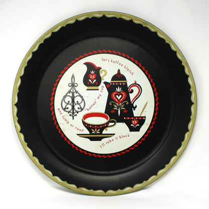 A vintage mid century decorative round tray from American Art Works, known as "Let's Kaffee Klatsch", Lithographed Metal, 19" Round with coffee drinking related designs