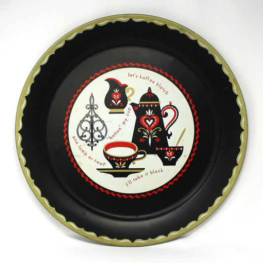 A vintage mid century decorative round tray from American Art Works, known as "Let's Kaffee Klatsch", Lithographed Metal, 19" Round with coffee drinking related designs