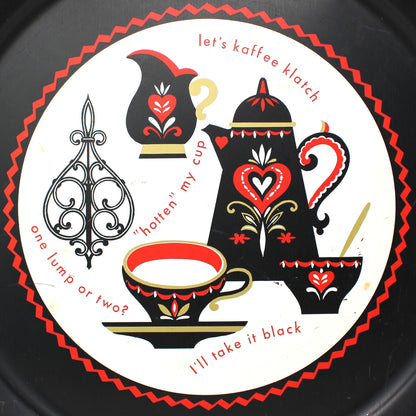 Tray, Let's Kaffee Klatsch, Lithographed Metal, 19" Round, Vintage, USA, AAW, 1950s