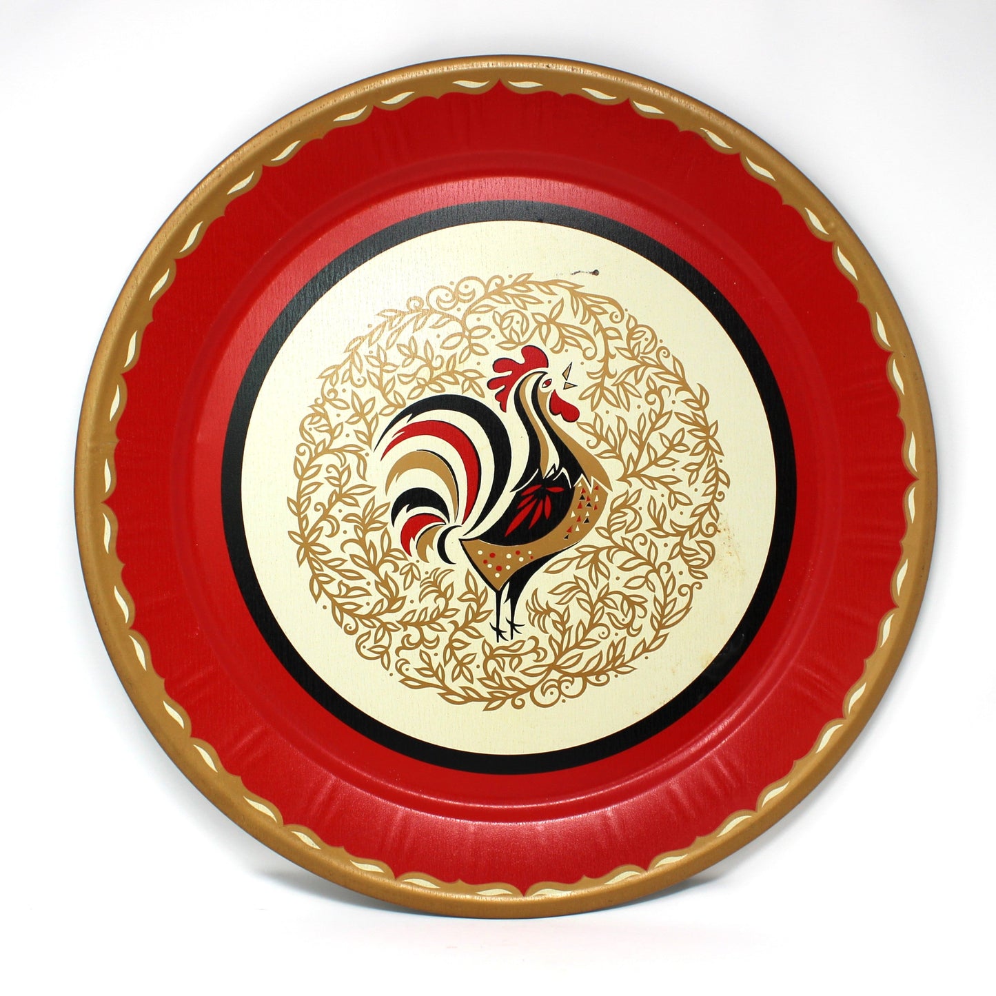 Tray, Stoyke, Mid Century Rooster Design, Lithographed Metal, 19" Round, Vintage, USA, AAW, 1950s