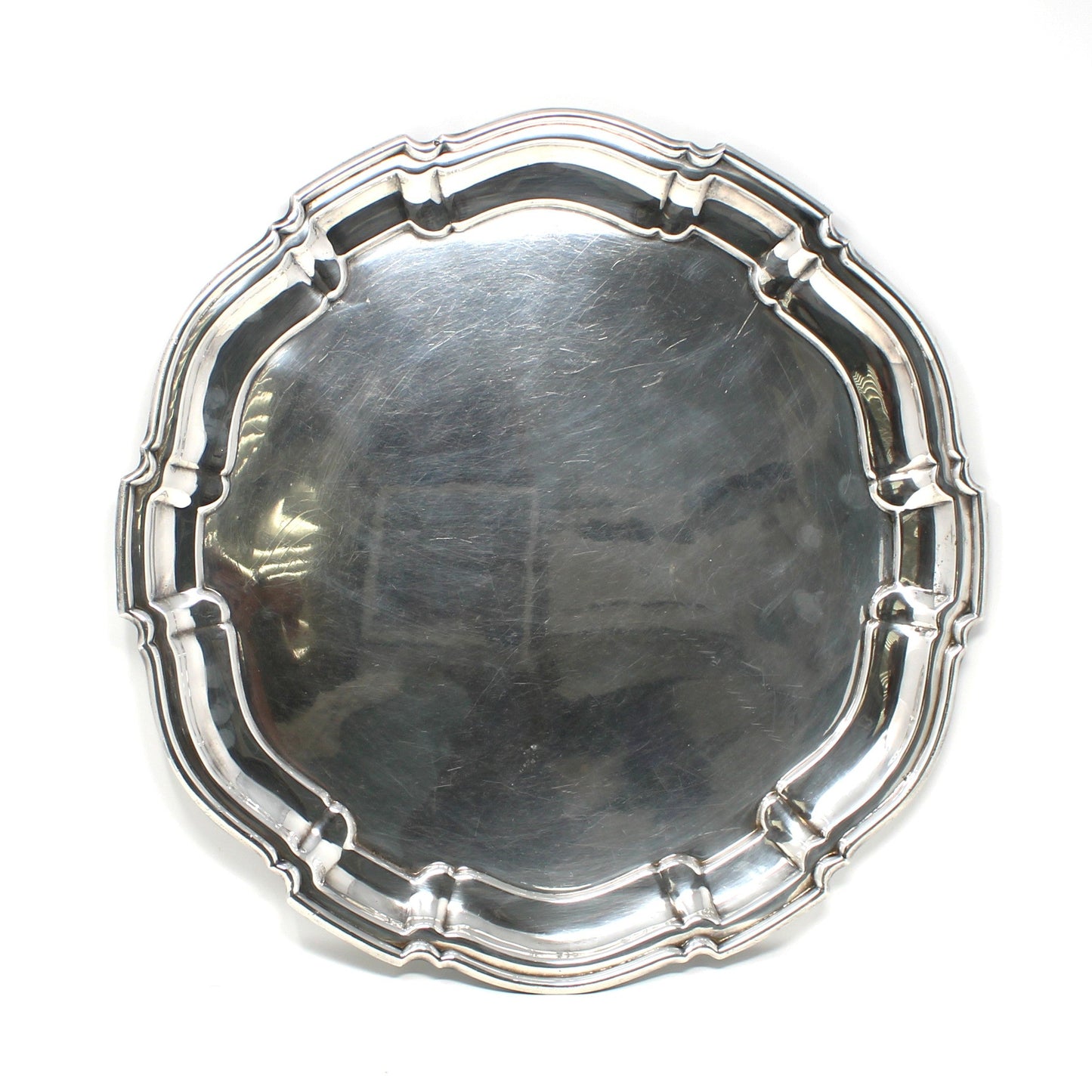 Tray, Poole Silver Co., Round Silverplate, Chippendale #1043, Hollowware, 16.25", 1950s