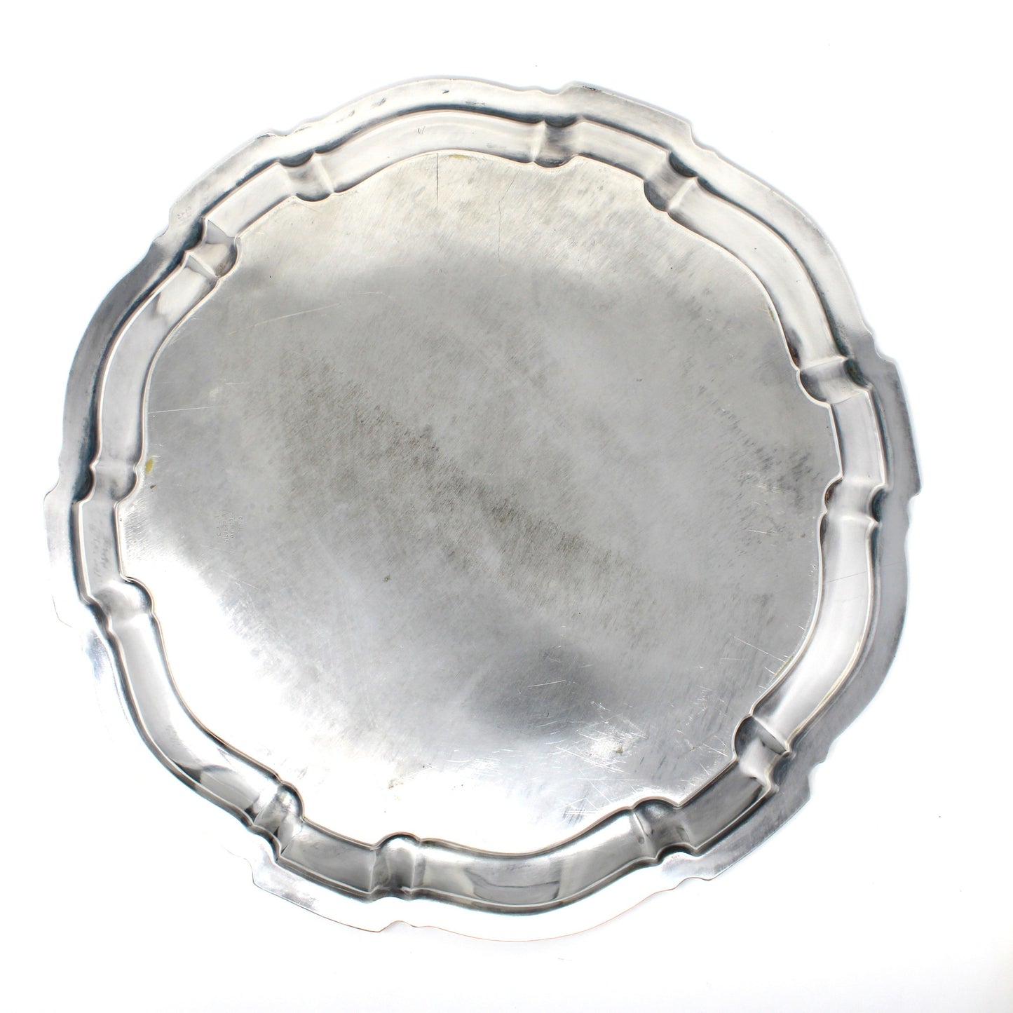 Tray, Poole Silver Co., Round Silverplate, Chippendale #1043, Hollowware, 16.25", 1950s