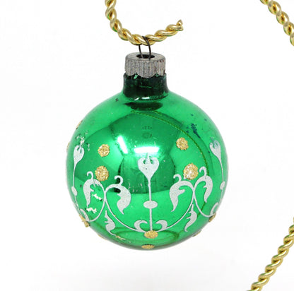 Ornaments, Glass Balls, Set of 3, Red, Green & Pink Stencil Design, Austria, Vintage