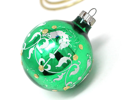 Ornaments, Glass Balls, Set of 3, Red, Green & Pink Stencil Design, Austria, Vintage