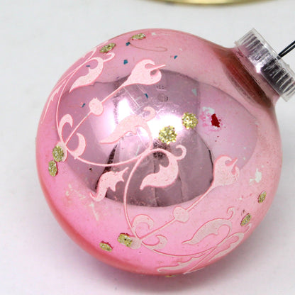 Ornaments, Glass Balls, Set of 3, Red, Green & Pink Stencil Design, Austria, Vintage