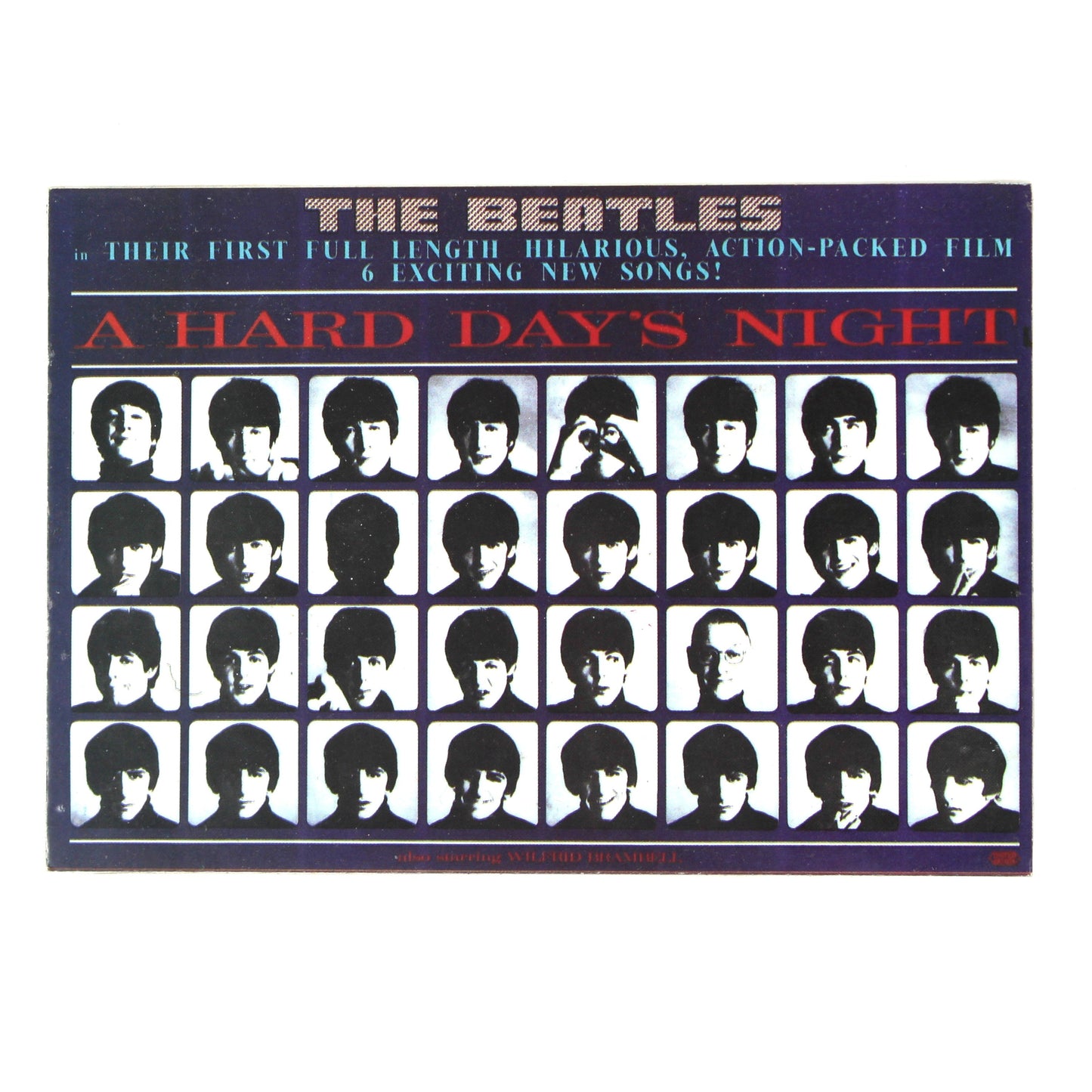 A vintage postcard featuring The Beatles' 'A Hard Day's Night' album artwork, with a grid of black-and-white portrait photos on a dark background.