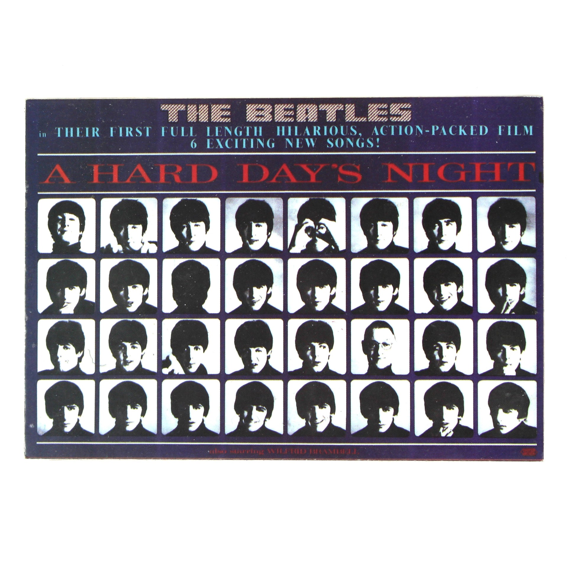 A vintage postcard featuring The Beatles' 'A Hard Day's Night' album artwork, with a grid of black-and-white portrait photos on a dark background.