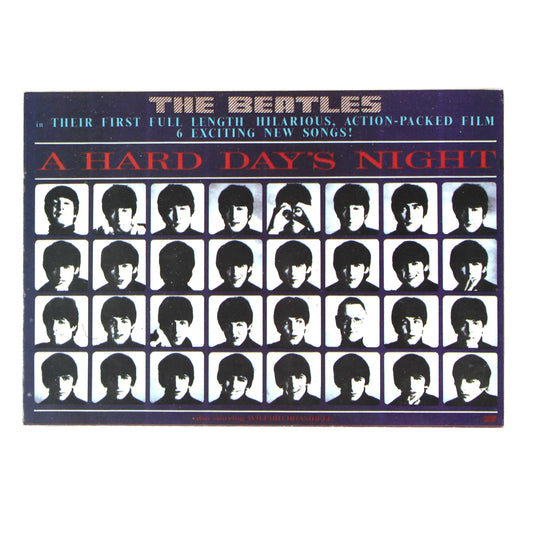 A vintage postcard featuring The Beatles' 'A Hard Day's Night' album artwork, with a grid of black-and-white portrait photos on a dark background.