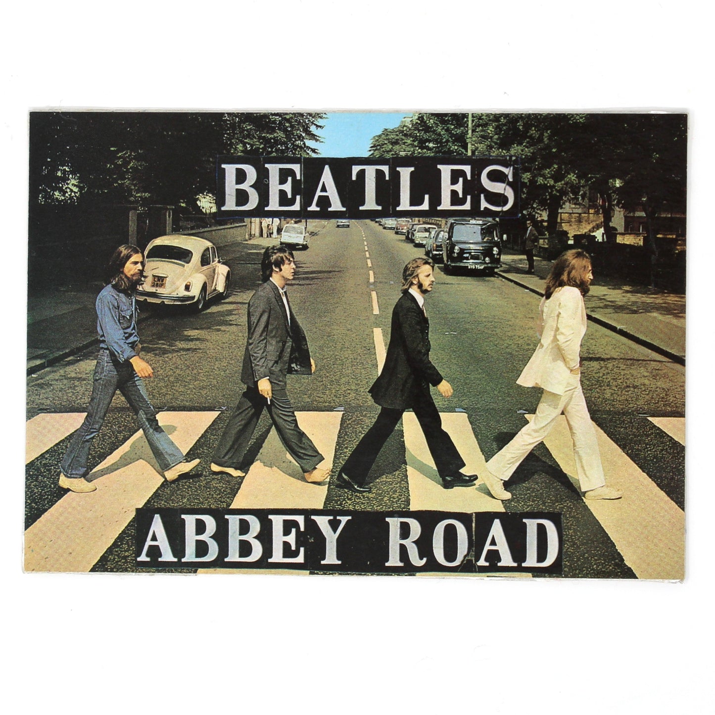 A vintage postcard featuring the iconic Abbey Road album cover art from The Beatles, by Underground Posters, 1970s