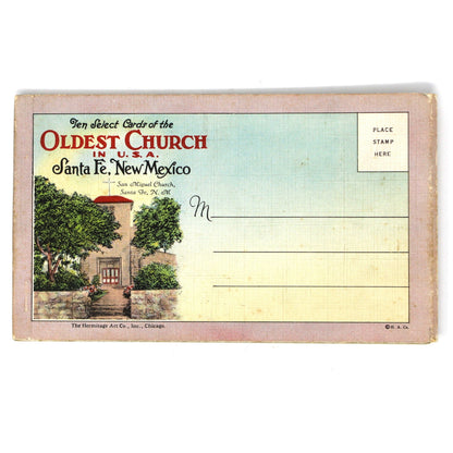 A vintage postcard book showing the Oldest Church in Santa Fe, New Mexico, with a printed illustration of the church and surrounding trees. Includes 10 cards.