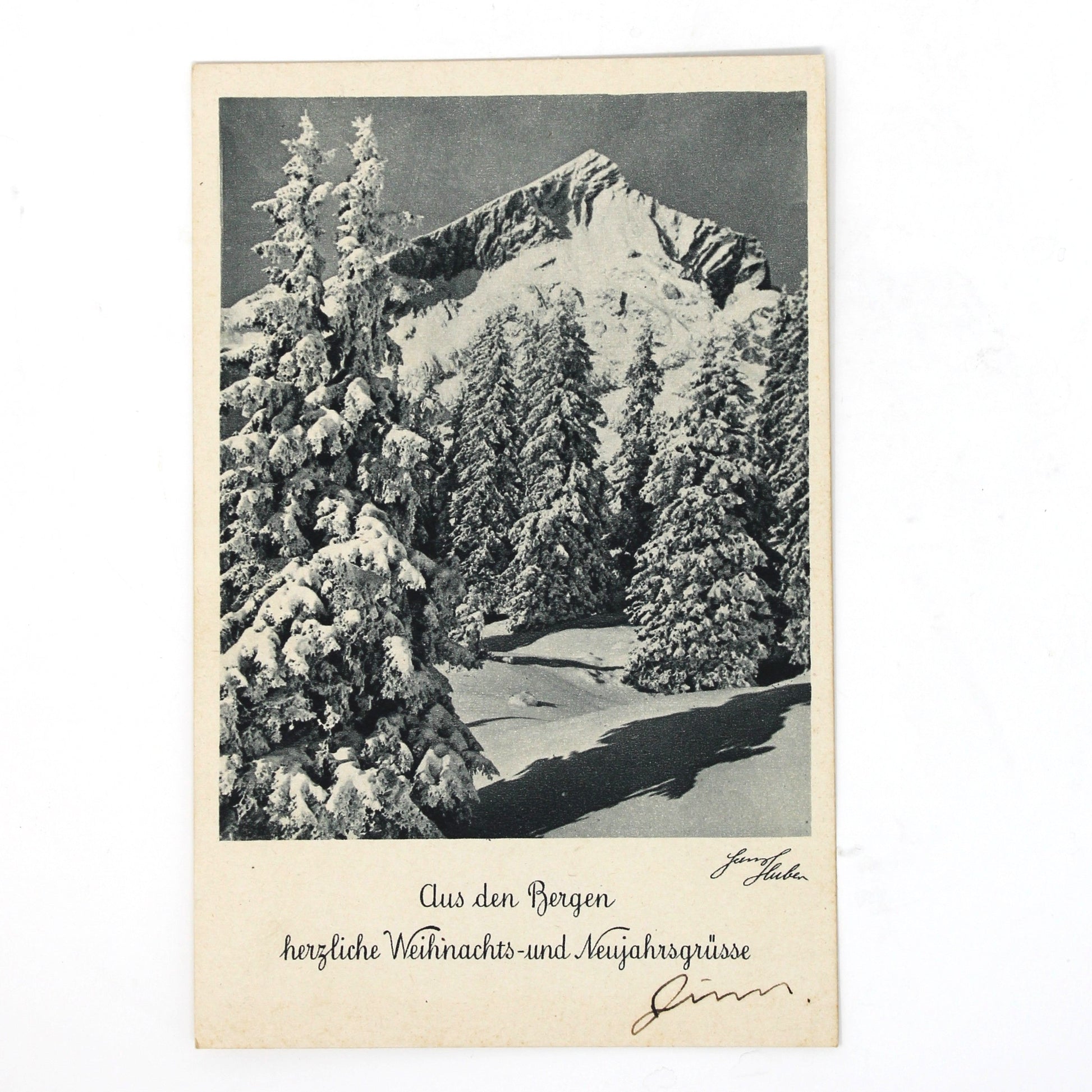 A vintage 1930s Christmas Postcard,  Unused, Hans Huber, Alpine Mountain Snow Scene, Germany